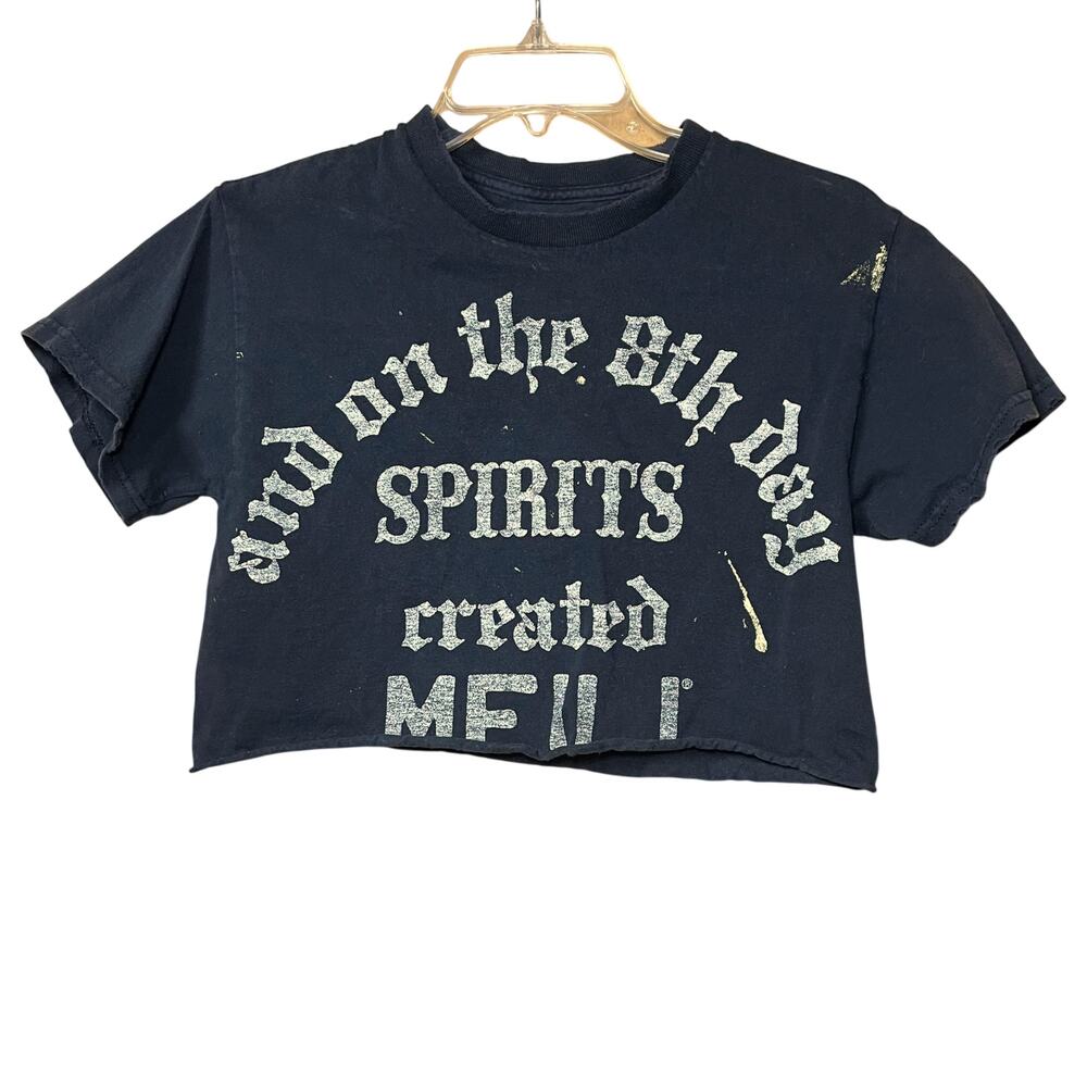 Hand-Cropped Distressed Meili Spirits Tee – Crackle Ink, Size S